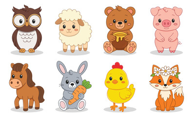 Big bundle of cute animals for kids includes both farm animals and forest animals. Bright cartoon style illustrations perfect for educational materials, nursery design, children’s books, flashcards