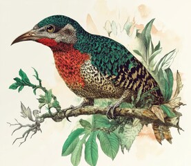 Vintage Bird Illustration Green and Red Plumage on Branch, Bird Illustration, Botanical Art