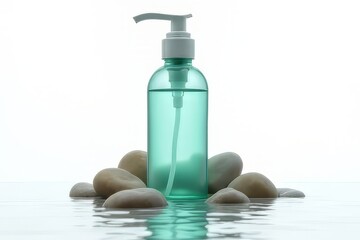 Teal Glass Bottle with Pump Dispenser on Stones in Water - Spa Product Presentation