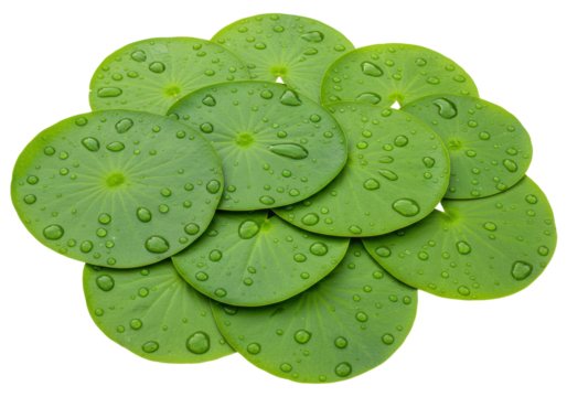 Isolated Lush Green Lily Pads Covered in Sparkling Water Droplets