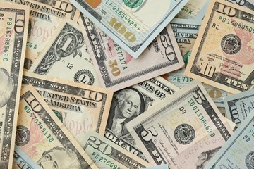 Stack of dollar bills. Hundred, fifty, twenty, ten, five dollars banknote close up