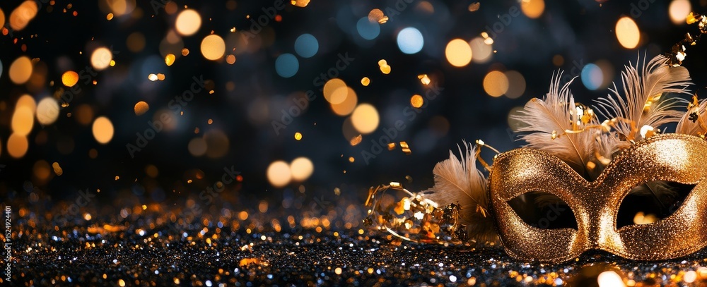 Poster sparkling carnival mask on a shimmering backdrop with vibrant feathers and bokeh lights.