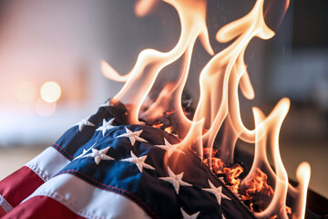 Close up of burning USA flag