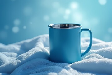 Cozy Blue Mug on a Soft White Blanket in Soft Light