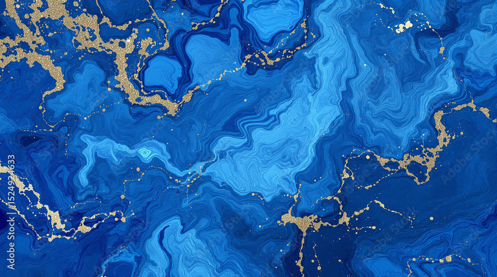 Poster ethereal azure: a mesmerizing dance of deep blues and delicate gold intertwine, creating an abstract