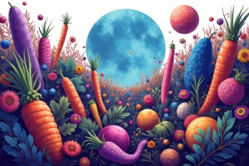 Colorful Vegetables and Flowers in a Surreal Garden Under a Blue Moon