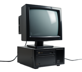 Vintage desktop computer with CRT monitor and black tower setup in studio lighting