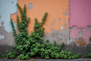Vibrant Green Vines Climbing on a Multicolored Weathered Wall