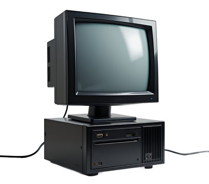 Vintage desktop computer with CRT monitor and black tower setup in studio lighting