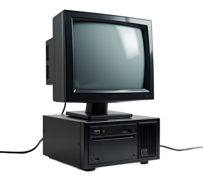 Vintage desktop computer with CRT monitor and black tower setup in studio lighting
