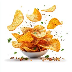 Potato chips flying, spices and herbs, isolate on white background. cutout png.