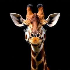 Fototapeta premium Giraffe portrait. Giraffe head shot isolated black background. Ideal t-shirt print copybook cover room wall design. Living room poster cover. 