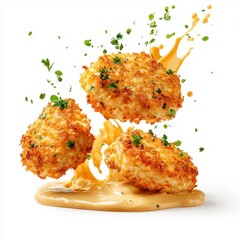 Golden crab cakes splashing, creamy mayonnaise, isolate on white background. cutout png.