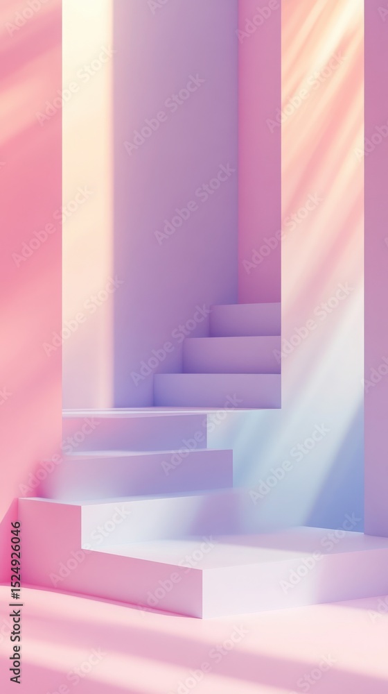 Poster minimalist pink and purple staircase with sunlight abstract architecture design 3d rendering
