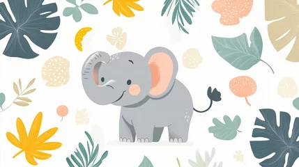 A sweet cartoon elephant surrounded by tropical leaves in a playful jungle pattern on a white