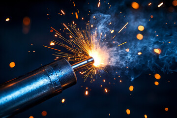 Welding Torch Sparks and Smoke Closeup of Industrial Welding Operation on Dark Background
