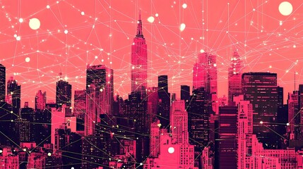 A vibrant cityscape, connected by a network of lines