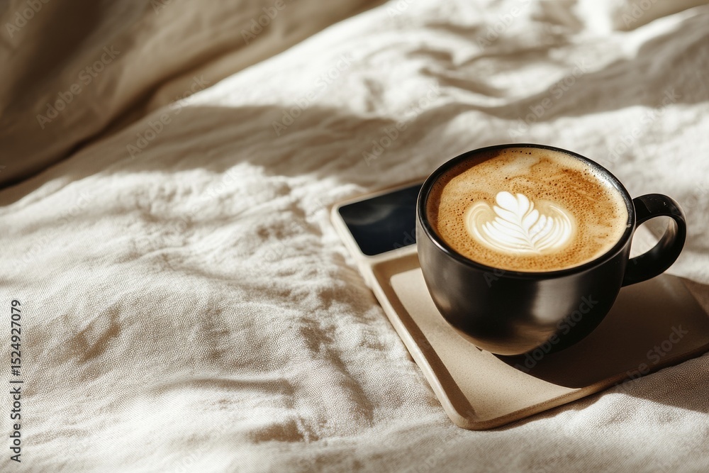 Poster coffee cup on table with gentle shadows creating a calming atmosphere during afternoon hours.