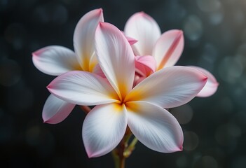 Fototapeta premium Close up of delicate white and pink plumeria flowers with soft blurred background