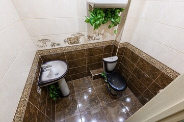 bathroom with a sink, toilet, and leafy decorations. The walls are partly beige and brown,...