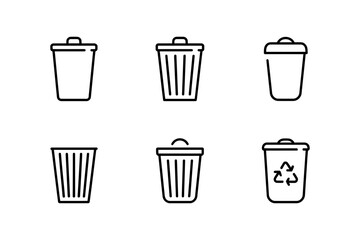 Collection of six various trash can outline icons