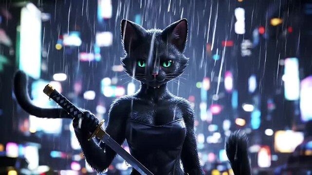 A black cat-like figure wielding a katana in a rain-swept city