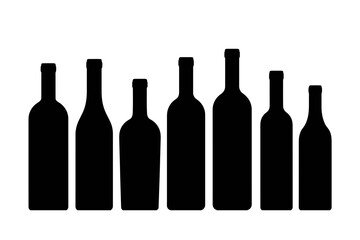 Silhouette of seven wine bottles of varying sizes