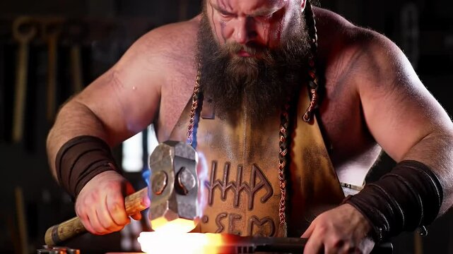 A blacksmith, with a long beard and braided hair, works with a hammer on hot metal, sparks flying. Wearing an apron and armbands. Intense focus