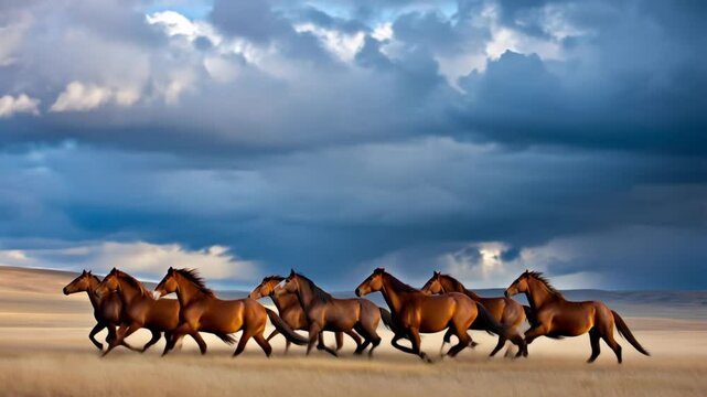 Wild Horses Running Free: A Majestic Herd Gallops Across the Plains Under a Dramatic Sky