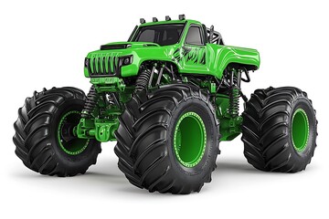 A vibrant green monster truck with oversized tires and detailed chassis on a white background studio shot