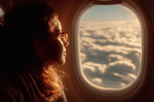 Dreamy traveler gazes out of an airplane window at endless clouds, bathed in soft golden light. Adventure awaits in the sky. - Powered by Adobe