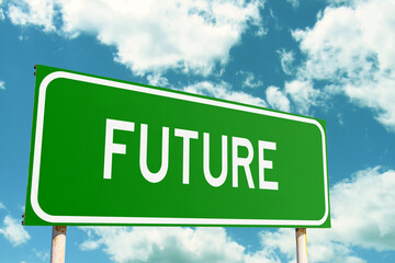Future Green Road Sign with clouds sky background