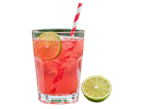 Isolated Refreshing Pink Lemonade with Lime and Striped Straw