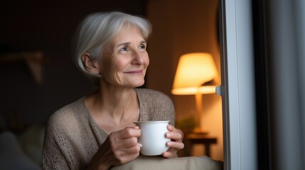  An old woman stands by the window, smiling softly while holding a cup, enjoying a peaceful moment in a modern living room filled with warm light.