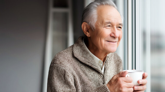 An elderly man enjoys a quiet moment as he gazes out of a large window, holding a warm cup.  - Powered by Adobe
