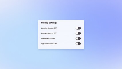 Floating Privacy Settings Dashboard with Rounded Grey Panel and Toggle Switches Set to OFF on Soft Blue Gradient Background Featuring Clean UI Design and Subtle Shadows