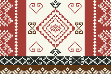 Pattern, geometric, ethnic, cross stitch, pixel, embroidery &ndash; Seamless folk patterns with diamonds and hearts in red-brown tones. Perfect for fabric, decor, and digital crafts.
