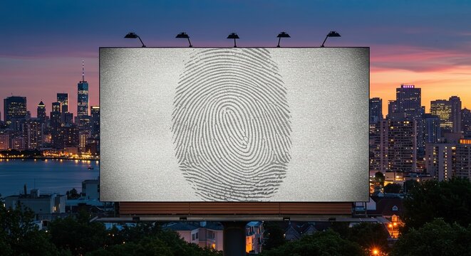 A large billboard displays a giant fingerprint against a cityscape at twilight. - Powered by Adobe