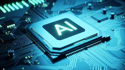 A close-up depiction of a central processing unit with glowing AI text, showcasing intricate electronic circuits and a futuristic aesthetic