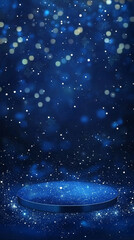 Dark blue background with glittering platform, snowflakes, and bokeh lights