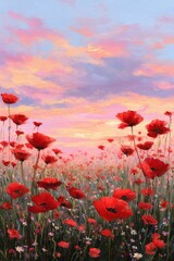 Obraz premium Vibrant Poppy Field Under a Colorful Sunset in a Rural Landscape