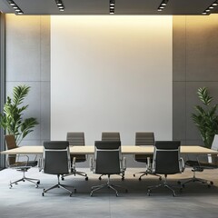Modern conference room with large blank wall, wooden table, black chairs, and potted plants
