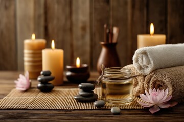 Minimalist spa setup with candles, lotus flowers and bamboo mat on wooden backdrop for organic skincare branding and wellness retreat promotions.
