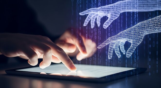 Person Interacting with Digital Tablet Displaying Data Stream