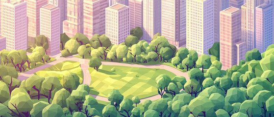 City park aerial view: lush green trees surround a grassy urban oasis