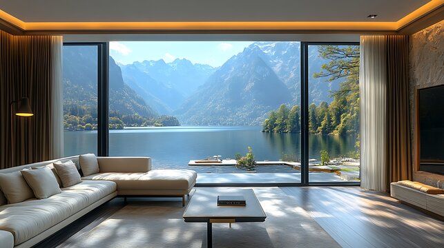 Modern living room with lake view