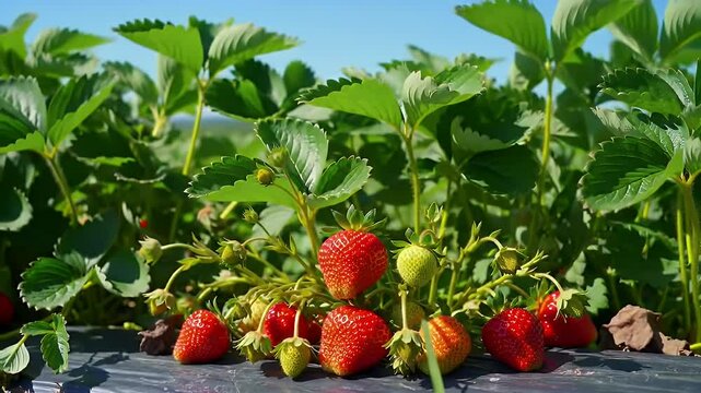 A close-up shot of a field of strawberry plants with ripe red fruit and green leaves under a clear blue sky