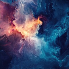 Abstract swirling colors, resembling a nebula or cosmic cloud.  Deep blues, purples, oranges and whites blend seamlessly