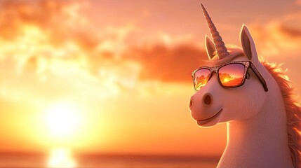 Fototapeta premium A white unicorn wearing sunglasses at sunset