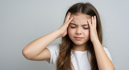 Young girl with long brown hair holding her head in pain, suffering from headache on gray background